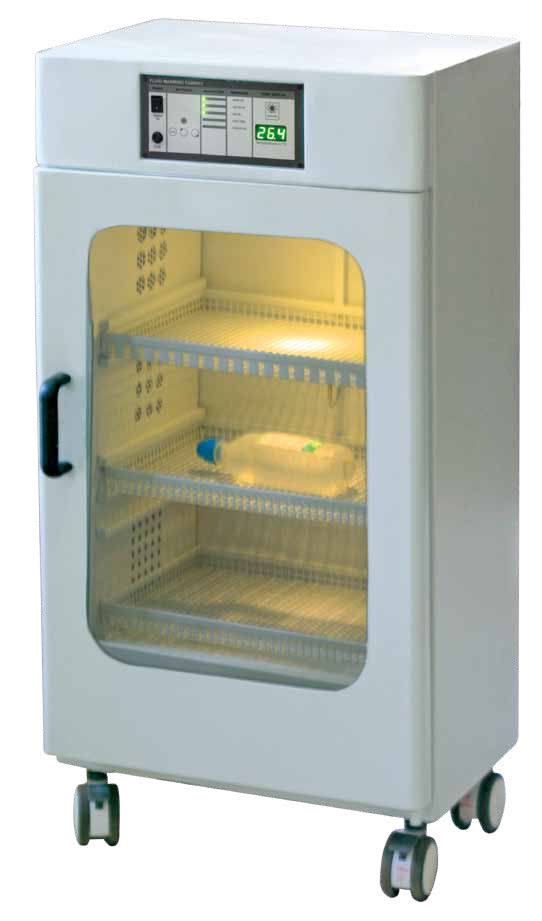 Alpha Air Systems fluid warming cabinet with glass front door and adjustable shelves